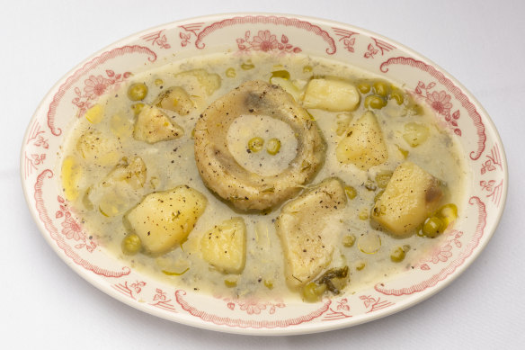 Peas cooked down with artichokes, lemon and dill.