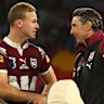 Maroons coach Billy Slater (right) has a hard decision to make about Maroons captain Daly Cherry-Evans (left).