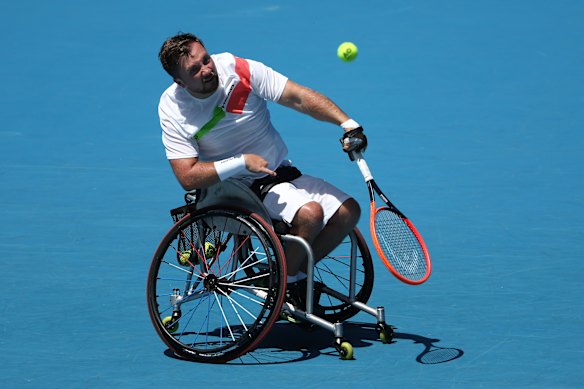Sam Schroder, of the Netherlands, serves  in the men’s quad wheelchair singles final.
