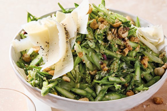 Raw asparagus, hazelnut, celery and parmesan salad is simple but impressive.