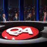 Patricia Karvelas with the Q&A panel last Monday night, from left: Mark Leibler, Dave Sharma, Francesca Albanese, Tim Watts and Nasser Mashni.