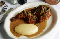 Builders Arms’ rotating rotisserie chicken special is currently served with potato puree and mushroom sauce (pictured).