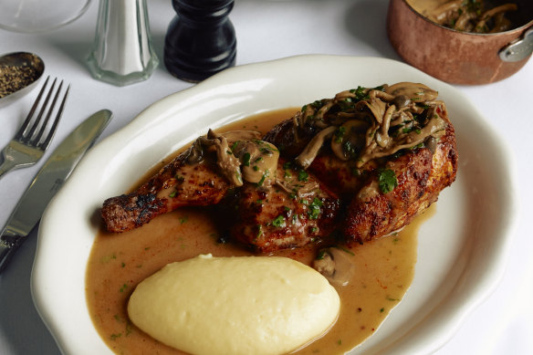 Builders Arms’ rotating rotisserie chicken special is currently served with potato puree and mushroom sauce (pictured).