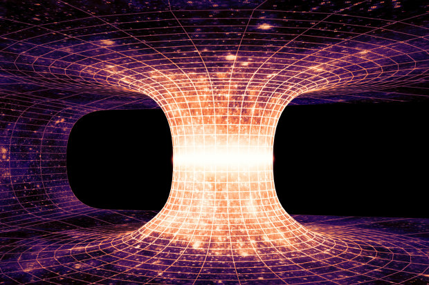 A wormhole, also known as an Einstein-Rosen bridge, which is a hypothetical tunnel between two points in time and space.