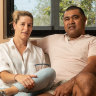 Toutai Kefu and his wife Rachel at their Brisbane home in October 2021.