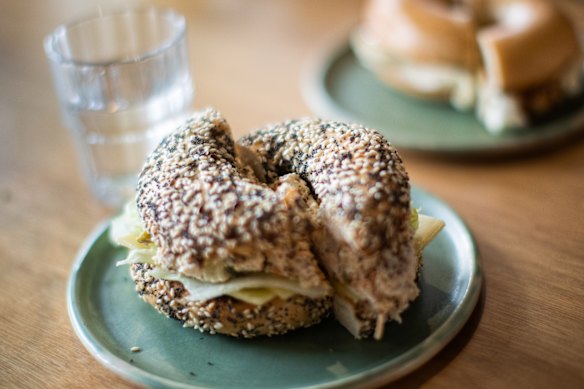 The bok bok manok bagel at Migrant Coffee.