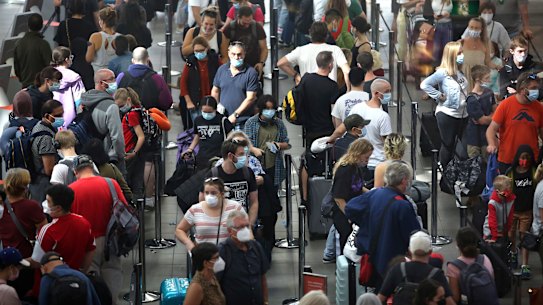 Domestic passengers faced long queues at Sydney Airport early on Saturday afternoon.