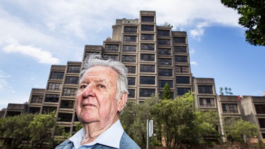 Enviromental activist Jack Mundey in front of the public housing building Sirius after a gathering to "Save our Sirius" from being demolished  on September 14, 2016. 