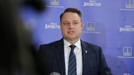 Brisbane lord mayor Adrian Schrinner briefing media on the 2021-22 council budget.