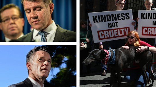 Former premier Mike Baird, NSW premier Chris Minns and the protests from 2016.