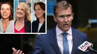 Infrastructure Minister Rob Stokes. Inset: Allegra Spender, Kylea Tink and Sophie Scamps.