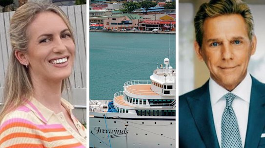 One of the plaintiffs Valeska Paris, the Freewinds cruise ship, and portrait of Scientology leader David Miscavige.