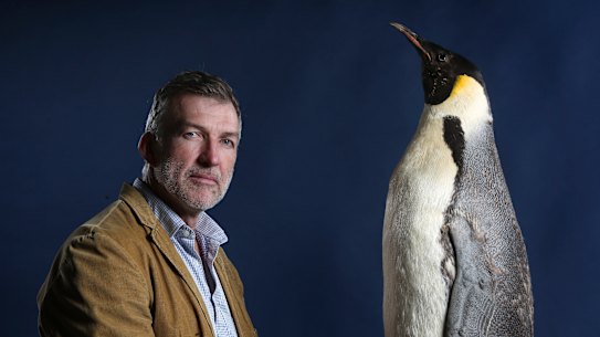 Adventurer and environmental scientist Tim Jarvis AM poses with an emperor penguin from the 1916 Antarctic expedition of Ernst Shackleton. 