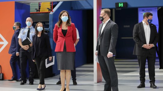 Queensland Premier Annastacia Palaszczuk at the Brisbane Entertainment Centre vaccination hub last month. She and her cabinet members have now started a week-long “vax-a-thon” ahead of the state’s planned reopening by mid-December.