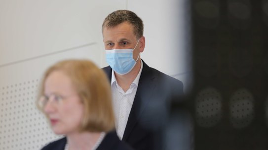 Dr Krispin Hajkowicz and Chief Health Officer Jeannette Young at the announcement of his appointment to the role in Brisbane this month.