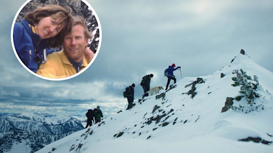 The Lowe-Anker family hiking Alex Lowe Peak in Montana. Inset, Jenni Lowe-Anker and Conrad Anker in 2002