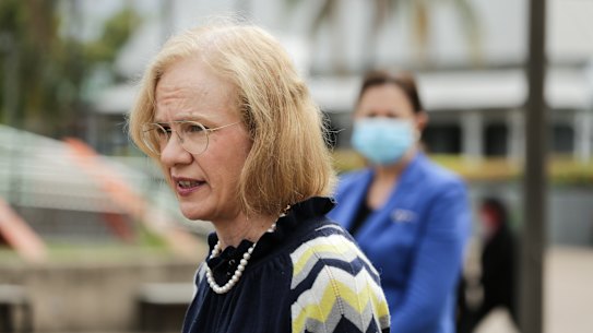 Queensland chief health officer Jeannette Young and Premier Annastacia Palaszczuk hold a COVID-19 update at the Breakfast Creek Hotel in Brisbane on Wednesday.