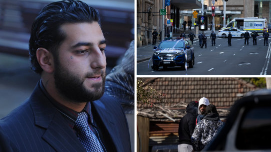 Composite of Bilal Hamze, the morning after the shooting in the CBD, and friends and relatives gathering at the Hamze family’s home in Auburn.