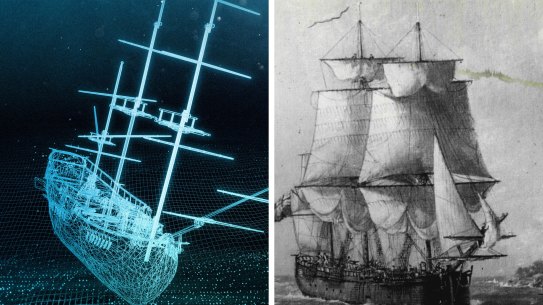 A pre-visualisational digital model of Lieutenant James Cook’s vessel the Endeavour, compared to an old sketch of the ship.