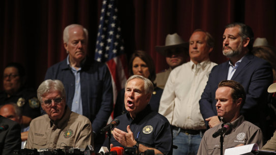 Texas Governor Greg Abbott speaks during a news conference in Uvalde.