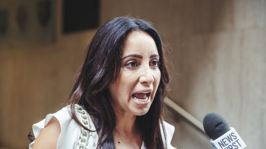 Antoinette Lattouf speaks to the media  on Thursday about her wrongful dismissal case against the ABC.