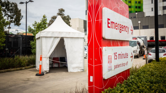 Emergency departments are busier than ever in Victoria, with a tent being used by staff at Box Hill Hospital earlier this week.