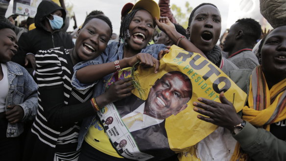 Supporters of William Ruto celebrate his presidential victory over opposition leader Raila Odinga in Eldoret, Kenya, on Monday.