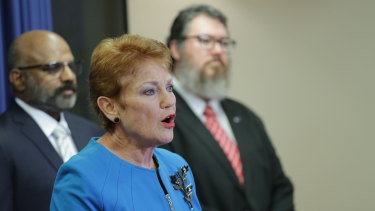 One Nation leader Pauline Hanson announces the party’s Senate candidates for the 2022 federal election, George Christensen (right) and Raj Guruswamy.  