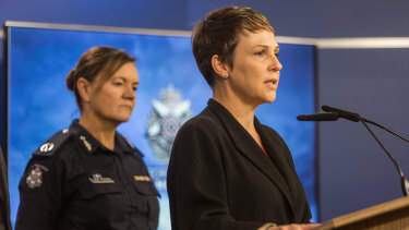 Libby Murphy, Victoria Police's assistant commissioner in charge of Road Policing Command, and Jaal Pulford,  the state Minister for Road Safety, announcing the 2019 road toll this week.