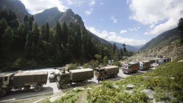 An Indian army convoy moves on the Srinagar-Ladakh highway in Indian-controlled Kashmir in September 2020.