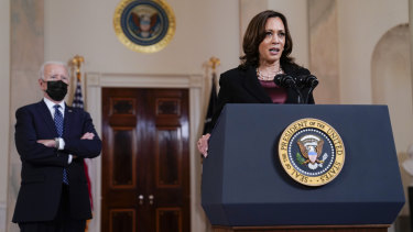 Vice-President Kamala Harris, accompanied by President Joe Biden, speaking on the verdict. 