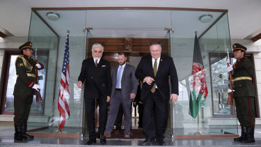 US Secretary of State Mike Pompeo, centre right, and Abdullah Abdullah the main political rival of President Ashraf Ghani, centre left, met in Kabul, Afghanistan, on March 23. 