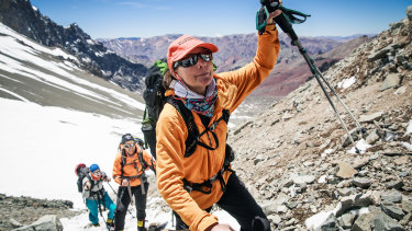 Isabella de la Houssaye on her way to Camp One during the ascent of Aconcagua.
