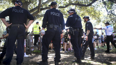 Police make their presence felt at the Field Day music festival in the Domain on New Year's Day.