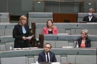 Independent MP Zali Steggall speaking on the Climate Change Bill last November. Also pictured, clockwise from centre: Rebekha Sharkie, Helen Haines and Greens leader Adam Bandt.