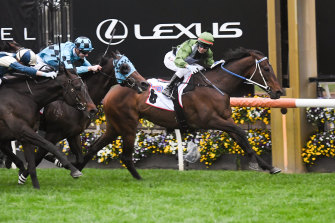 Incentivise, ridden by Brett Prebble, wins the Makybe Diva Stakes at Flemington on Saturday.