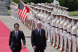 US President Joe Biden, right, and Japan’s Prime Minister Fumio Kishida in Tokyo on Monday