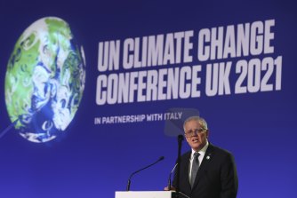 Scott Morrison delivers a statement to the Glasgow climate summit. 