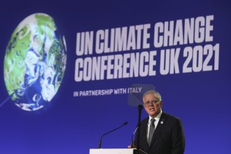 Scott Morrison delivers a statement to the Glasgow climate summit on Monday.