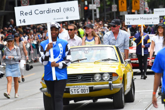 Red Cardinal's trainer, Darren Weir (right), in the 2018 Melbourne Cup parade.