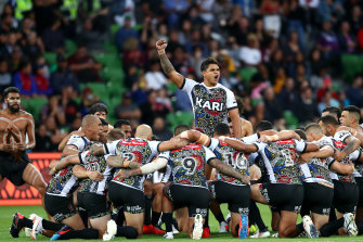 NRL star Latrell Mitchell of the Indigenous All Stars leads the Indigenous war cry in 2019.
