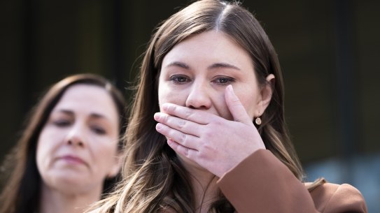 Brittany Higgins addresses the media outside the ACT Supreme Court after the rape trial of Bruce Lehrmann was aborted due to juror misconduct in October.