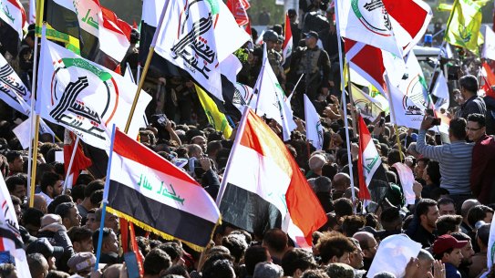 Mourners gather during a funeral procession for Abu Mahdi al-Muhandis, deputy commander of Iran-backed militias in Basra, Iraq, 