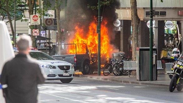 Hassan Khalif Shire Ali’s ute on fire in Bourke Street in 2018.