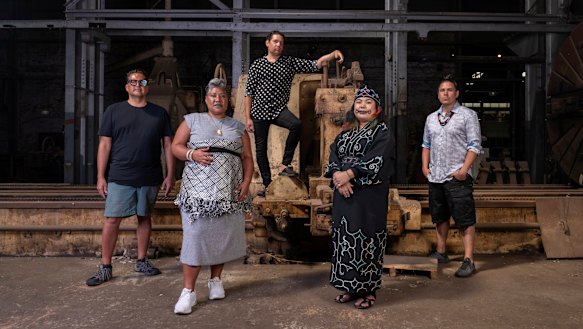 First Nations artists from across Australia and the world are featured in Nirin, the 22nd Biennale of Sydney. From left to right: Adrian Stimson, Latai Taumoepeau, Tony Albert, Mayunkiki and Nicholas Galanin. 