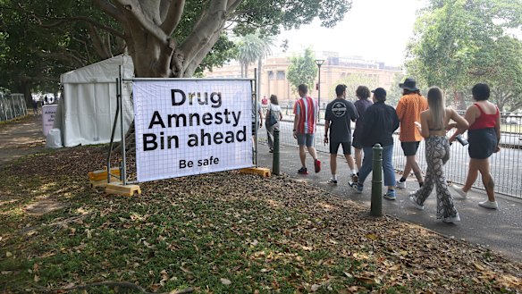 Drug amnesty bins were placed near the entry of Field Day music festival in the Domain on New Year's Day.