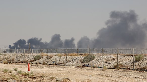 Smoke fills the sky at the Abqaiq oil processing facility in Saudi Arabia on Saturday.
