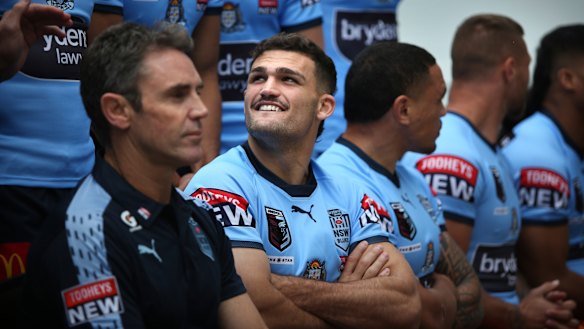 Blues coach Brad Fittler with halfback Nathan Cleary.