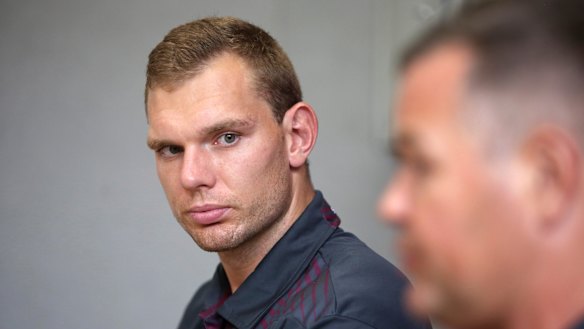 Manly fullback Tom Trbojevic with coach  Anthony Seibold on Tuesday.