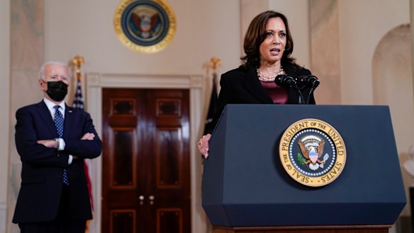 Vice-President Kamala Harris, accompanied by President Joe Biden, speaking on the verdict. 